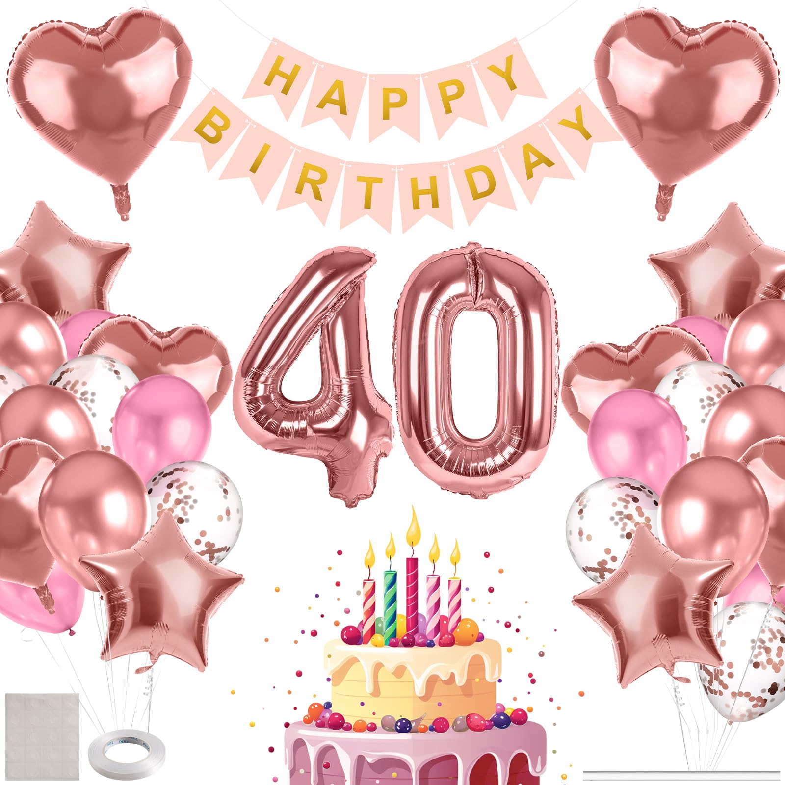 MIEWAA Deko 40. Geburtstag Frauen, 40er Geburtstag Luftballons Frau, Geburtstagsdeko 40 Jahre mit Happy Birthday Banner, Groß Zahl 40 Folienballon, Herz Stern Folienballon, Latex Konfetti Ballon Rosa