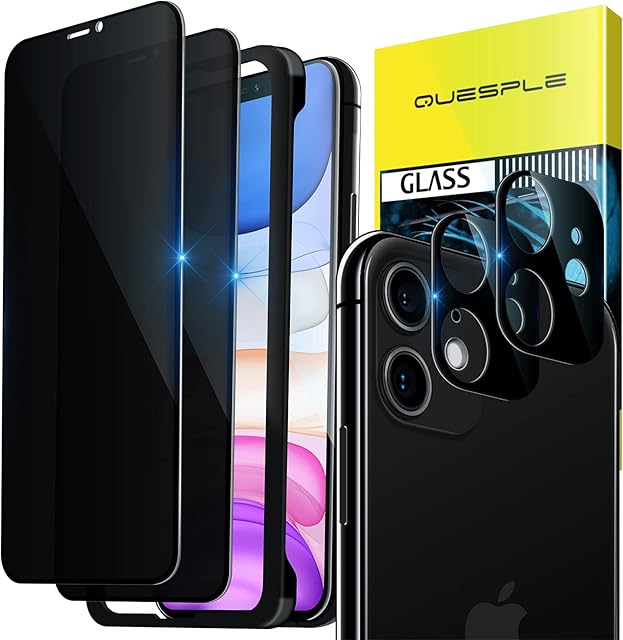 QUESPLE [2+2 Pack] Privacy Screen Protector for iPhone 11 6.1-Inch with Camera Lens Protector, (Privacy Glass) Anti-Spy Tempered Glass Film with Install Tool, [Bubble Free][Case Friendly]