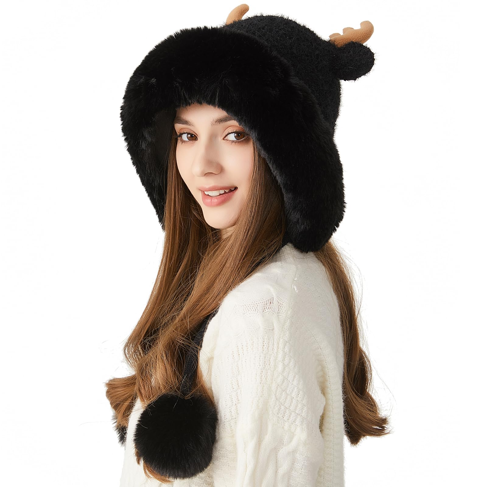 HUAMULAN Women Winter Sherpa Beanie Hats Knit Ear Flaps Cover Ears Antler Fleece Lined Ski Snow Hat 2 Pompoms