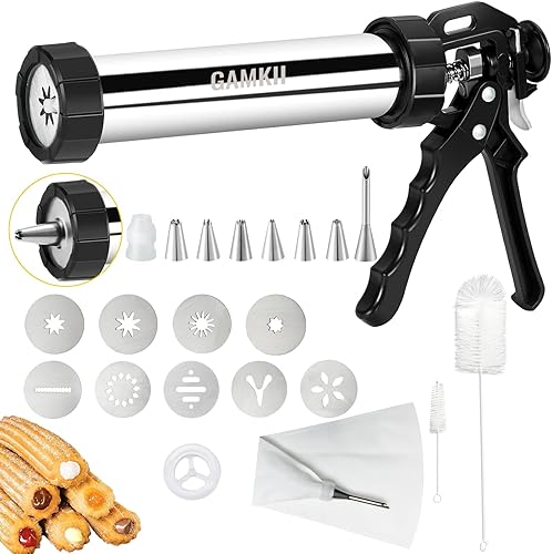 Churro Maker - Kit de pistola de churrro de acero con 4 discos para churro hueco, 5 discos de galletas, 6 boquillas de tubería de glaseado, bolsa de