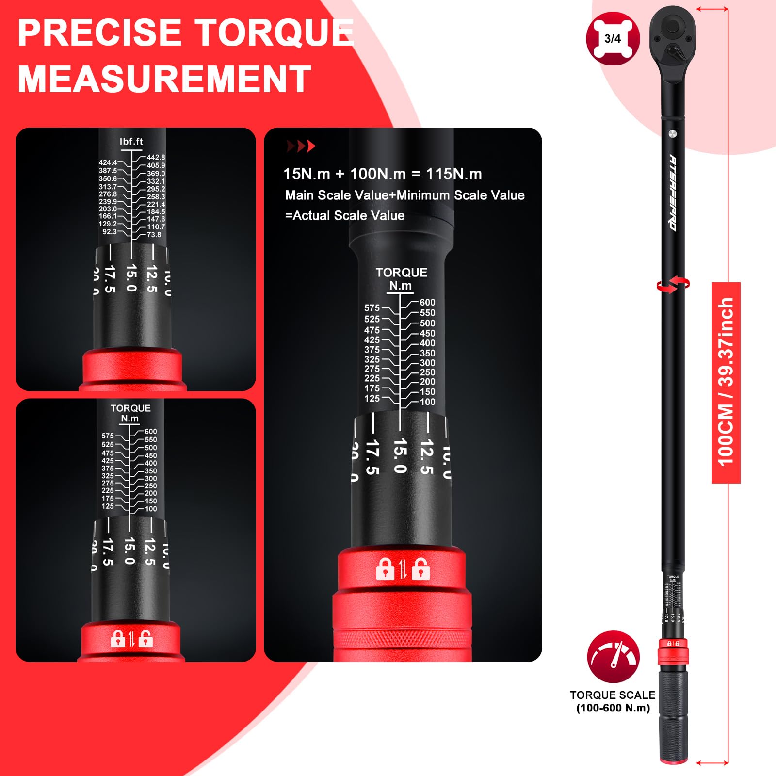 ATsafepro 3/4 -calowy klucz dynamometryczny, 100-600 Nm, ±3% wysoka dokładność, 48 -zębowy,do samochodów, ciężarówek, traktorów i konserwacji przemysłowej