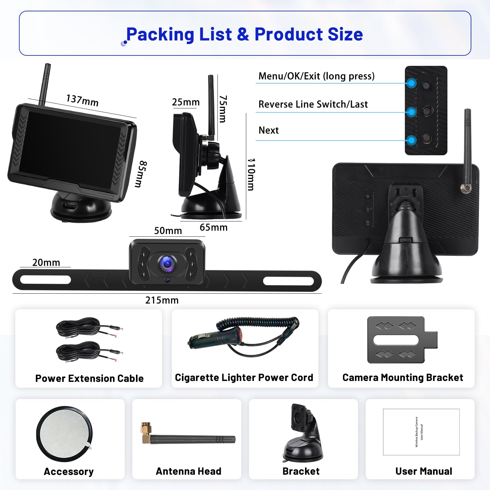 Hikity Telecamera Retromarcia Wireless AHD 5" LCD IP69 | Visione Notturna a Colori, Telecamera Posteriore, per Auto 12V