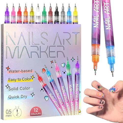 12 Colors Nail Art Pens Set 3D Nail Polish Markers for Gel Nails Graffiti Dotting Pen Acrylic Paint Pens Drawing Painting Liner Pen for DIY Nails Art Design Doodle Pen Manicure Tools