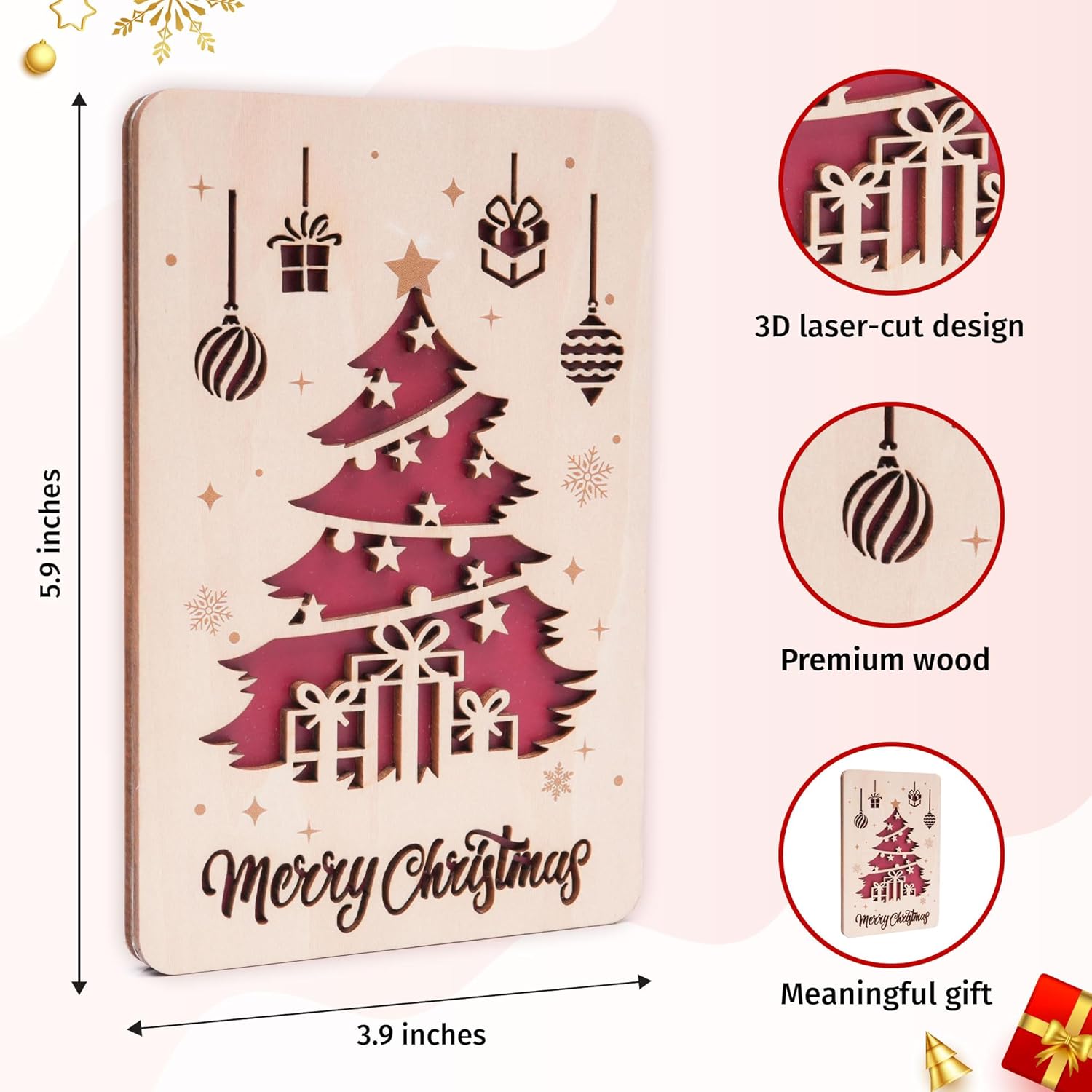 Wooden Christmas Greeting Card, Handmade Merry Christmas Card 2025, Festive Laser Cut Wood Art for Home and Tree Decor, Unique Holiday Gift for Friends and Family (Style 1)