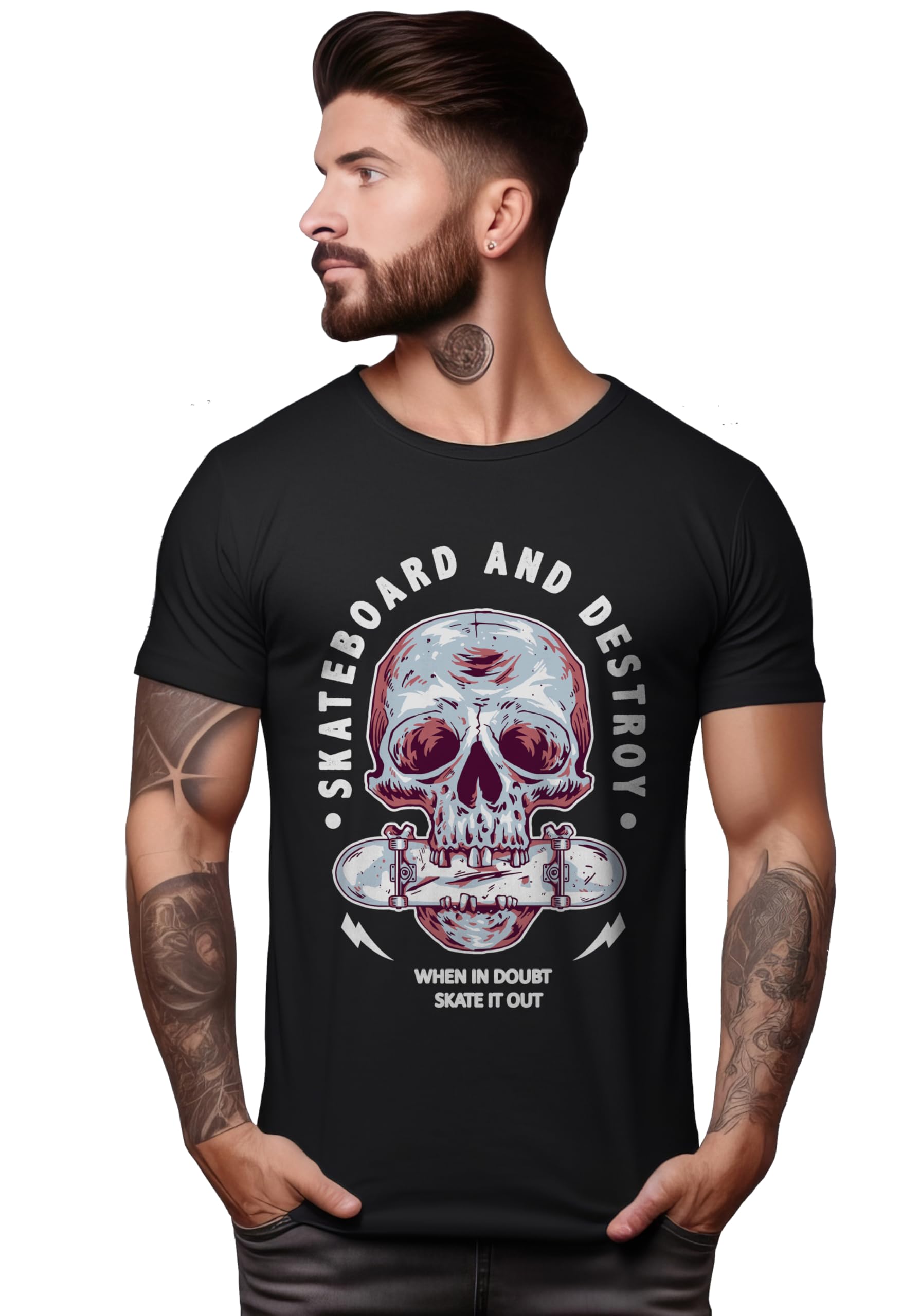 PeppyzoneMen's Regular Fit Skull Skateboard Printed T Shirt for Men
