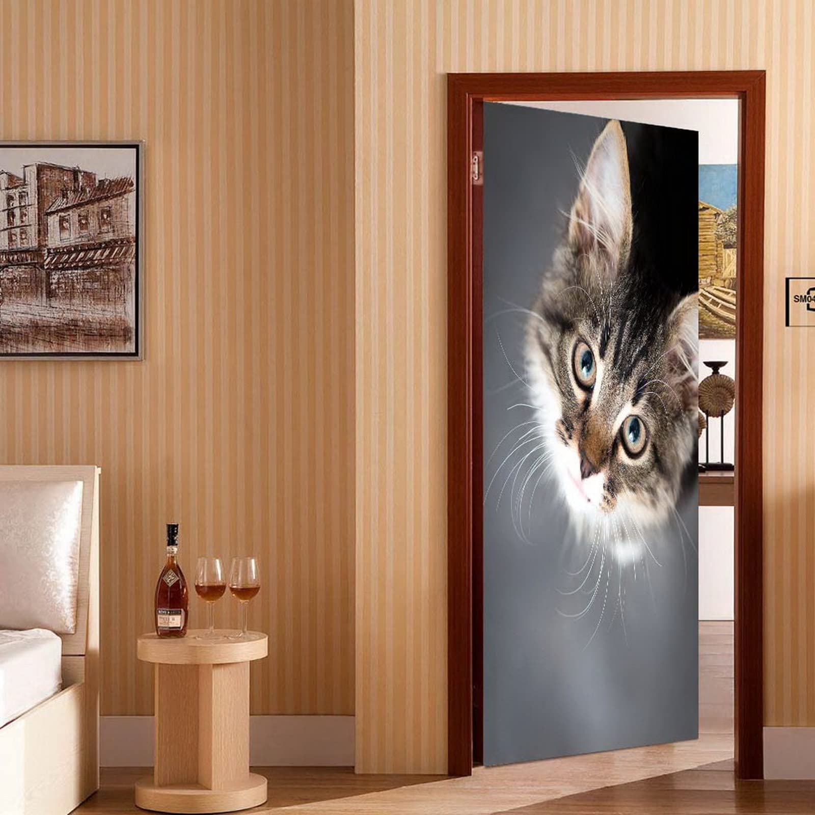 Sticker Chat Déco Intérieur Autocollant Porte 3D Effet Soie - Motif Ascenseur/catwalk - Dimensions 63x205 Cm (2 Panneaux) - Décoration Murale Intérieure Facile Papier Peint Porte 63x205 Cm
