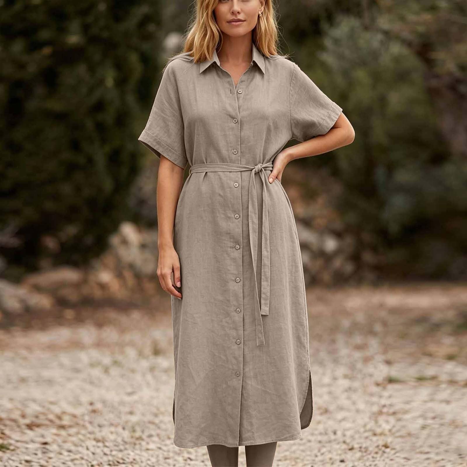 Leinenkleider Damen Kurze Kleid Leinen Sommerkleider mit Gürtel Leicht Und Luftig Kleider Sommer Freizeit Damenkleider Revers Button Freizeitkleid Einfarbige Strandkleid Maxikleid