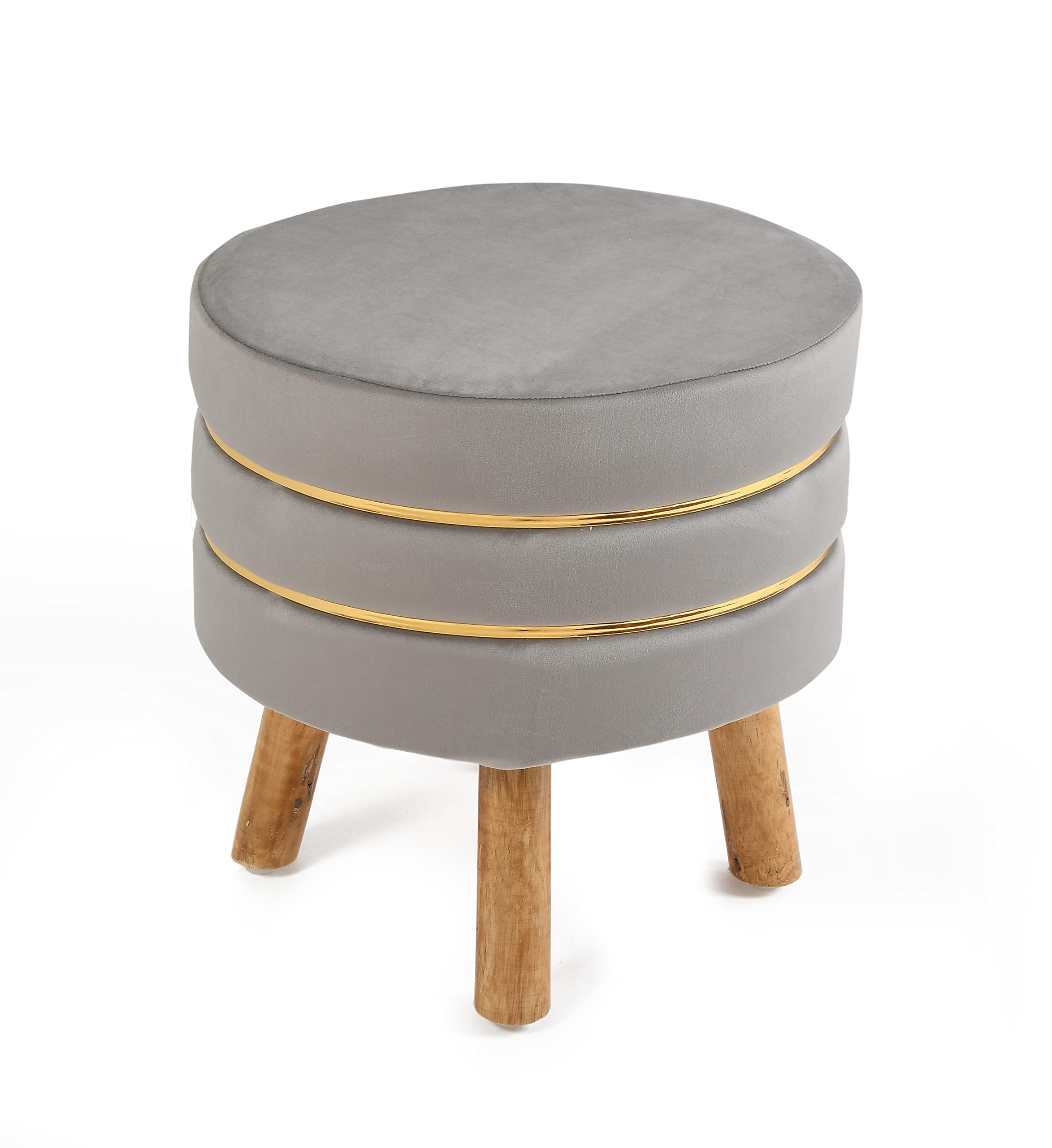 NACIA Velvet Upholstered Ottoman Stool with Wooden Legs | Round Pouffe Footrest Seat for Living Room Bedroom Balcony | Compact Foot Stool for Sitting Home Decor Furniture, 18 Inch (Grey, Set of 2) 1