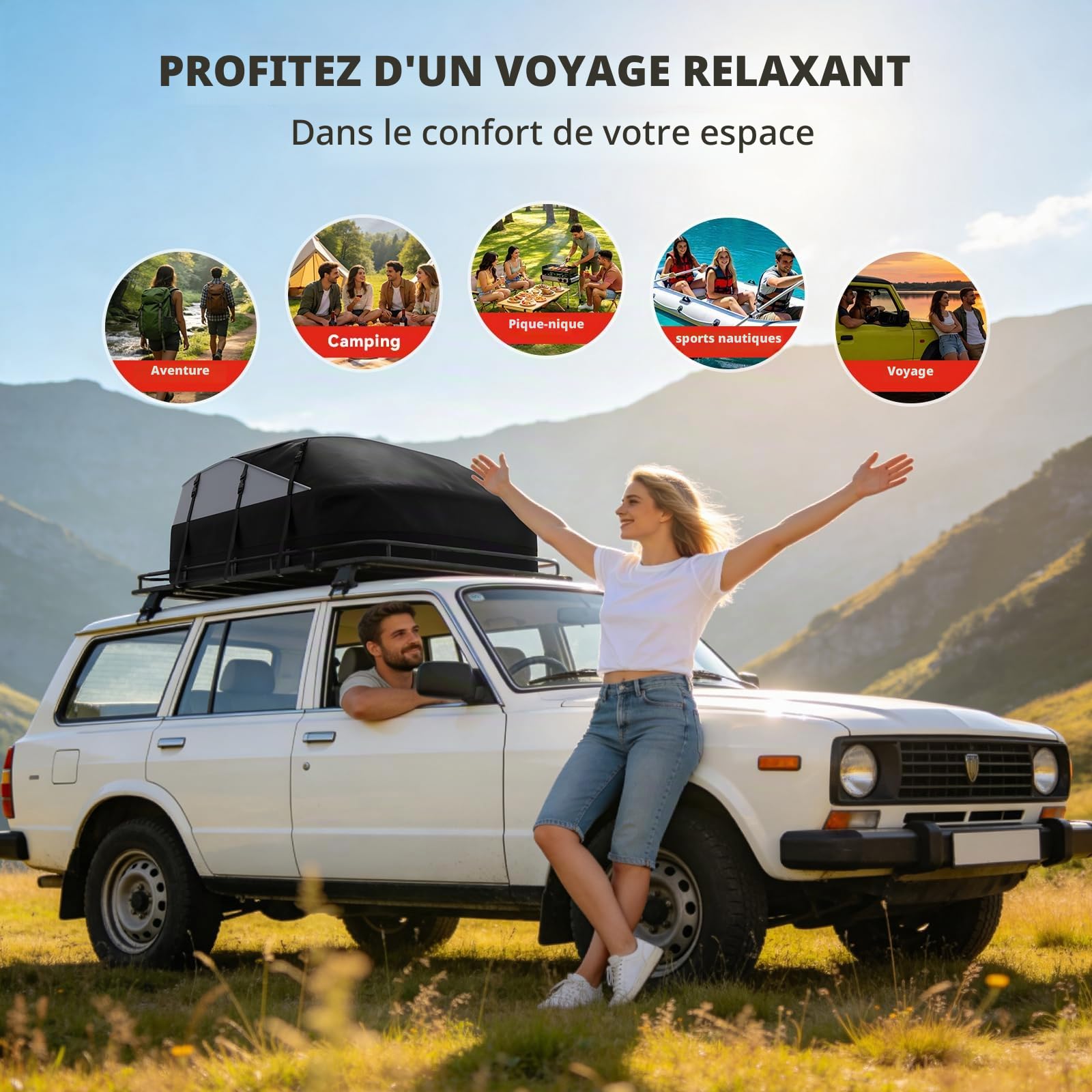 Coffre de Toit Voiture 598L (21 pi³) – Sac de Toit Imperméable 1000D Nylon, 8 Sangles & 6 Crochets, pour Voitures avec/sans Barres de Toit, Voyages et Transport