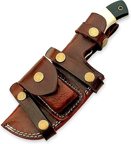 Miniatura 7 de LOWIN - Cuchillo de caza hecho a mano de acero de damasco con mango G10, diseño de transporte de explorador, funda de cuero de búfalo y piedra de