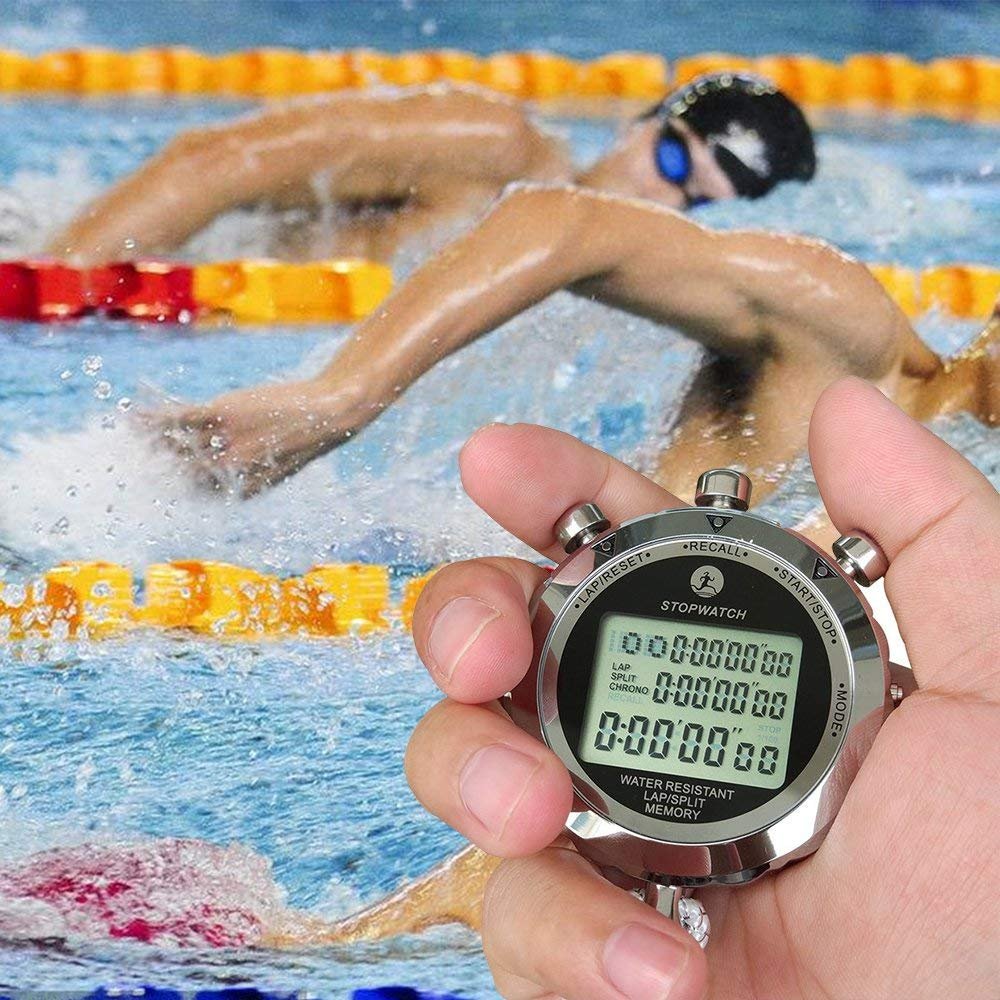 LAOPAO Metalowy stoper, 1/100 sekundy, 100 pamięci, wodoodporny elektroniczny chronograf na co dzień, do piłki nożnej, baseballu, sportów na świeżym powietrzu