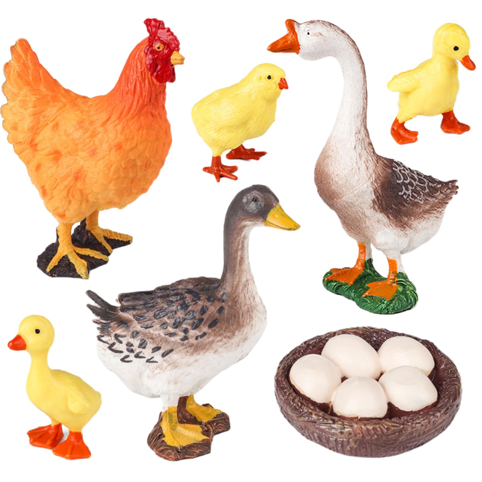 AENIMELY Realistic Poultry Figurines Set – Hollow Animal Figurines of Chick, Duckling, Hen, Goose, Nest with Eggs – Educational Farm Animal Toys for Kids – Learning Gift, Cake Topper