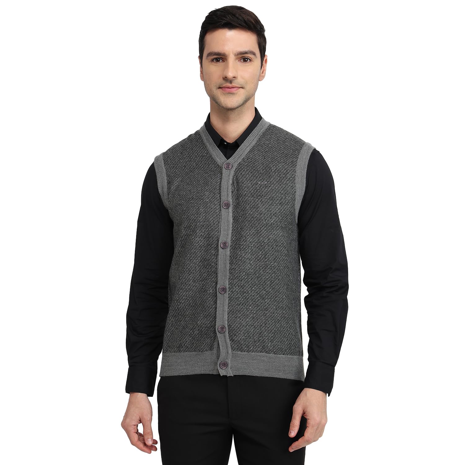 colorplus Men Regular Fit Tweed Pattern Poly Wool Blend Sleeveless V Neck Casual Sweater Grey-picture-41
