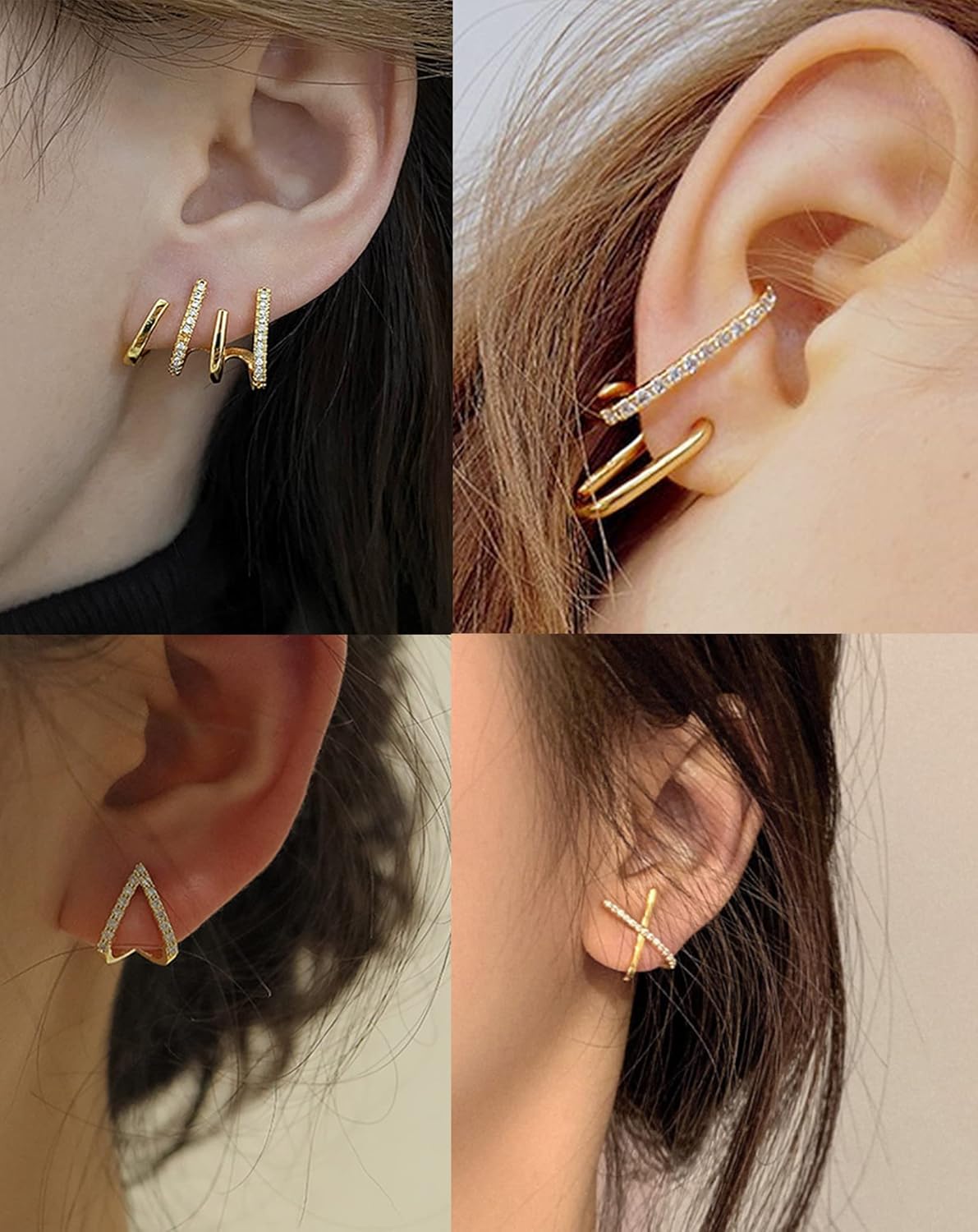 3-6 Pairs Claw Earrings X-shaped Heart Snowflake Butterfly Shiny Pearl CZ Ear Cuff Minimalist Double Wrap Stud Huggie Earrings Jewelry Set for Women Silver Gold Tone - Image 3