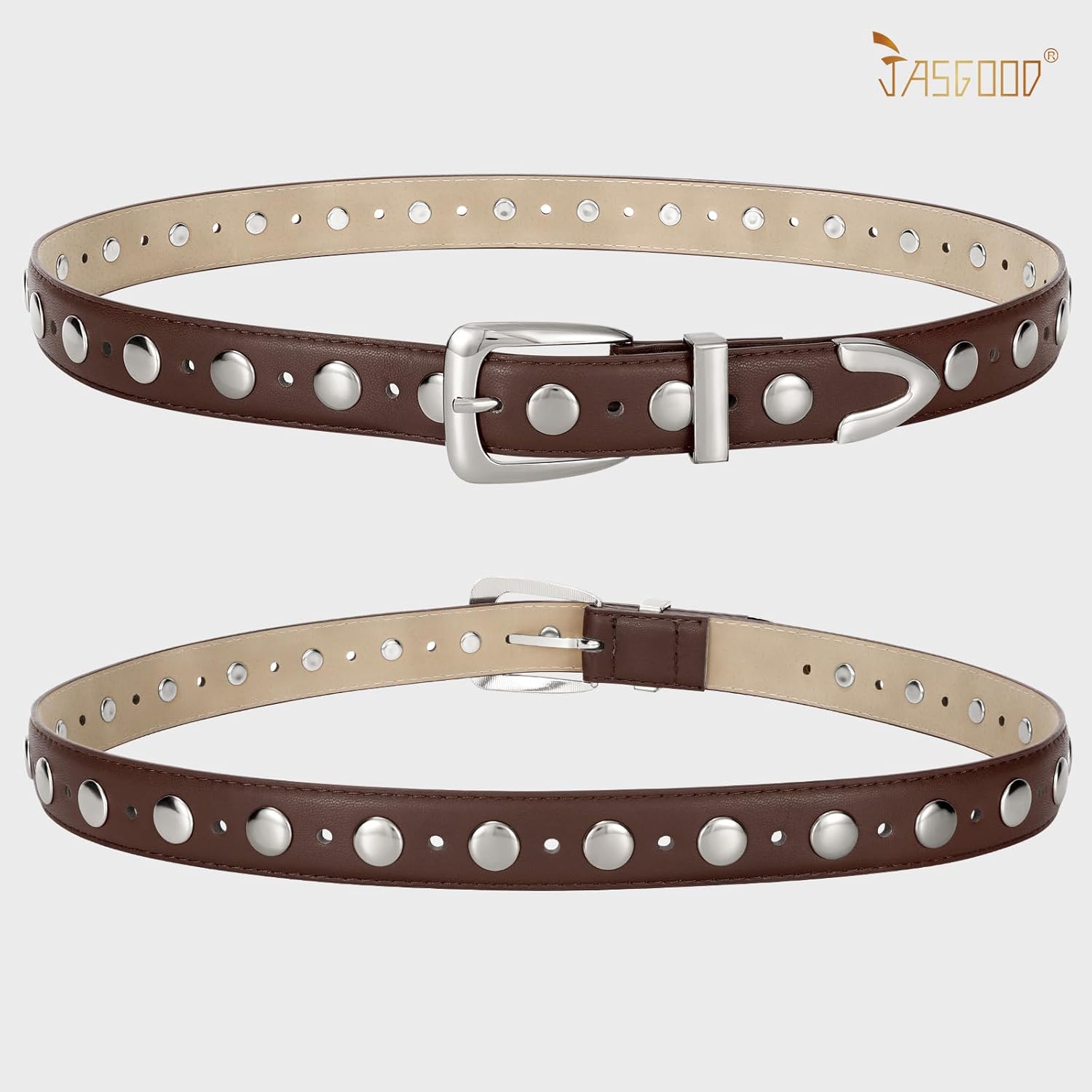 JASGOOD Women Leather Belt Fashion Studded Belt Ladies Punk Belt Vintage Leather Belt for Jeans Dress - Image 4