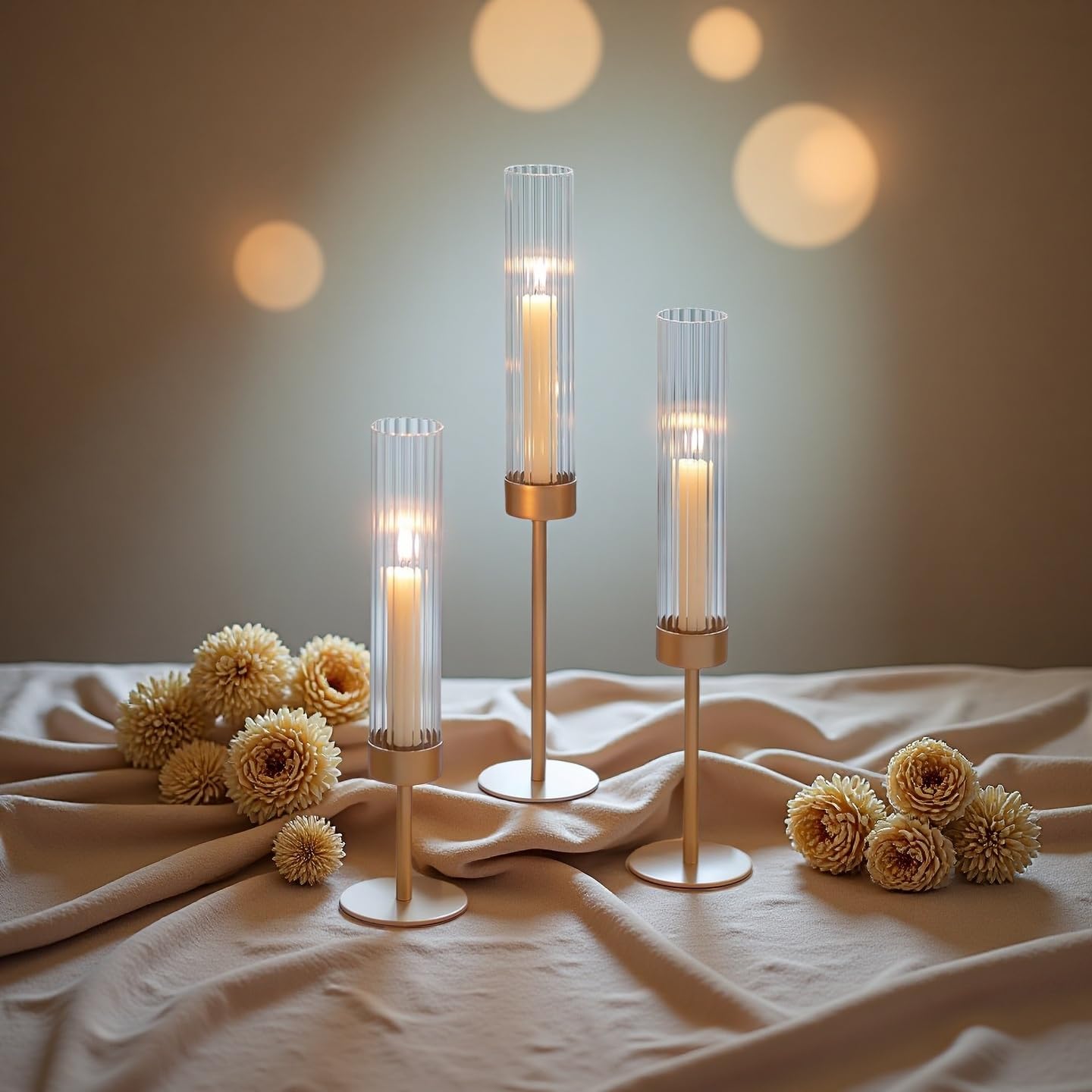 Gold Hurricane Candle Holders Set of 3 - Tall Glass Candlestick Holders for Taper Candles, Elegant Centerpieces for Tables, Wedding, Dining Room and Party Decor