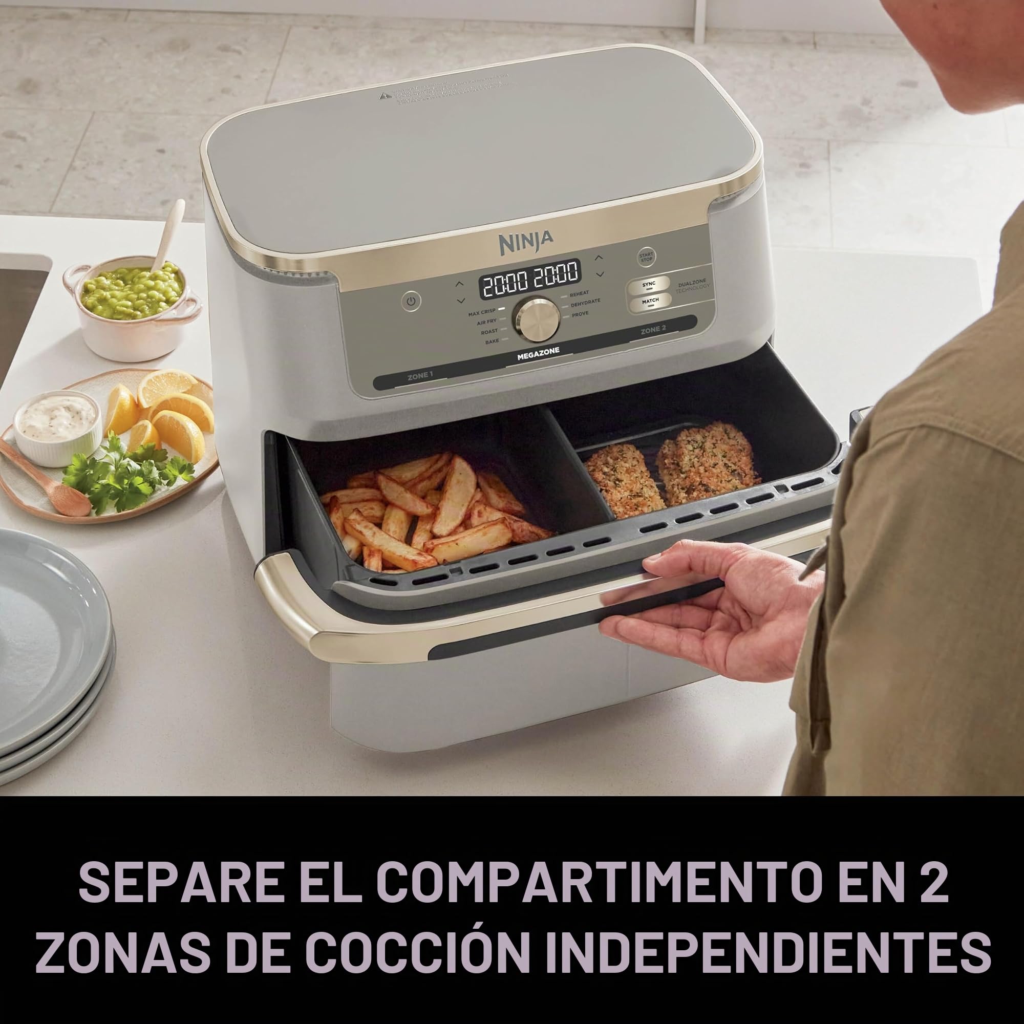 Ninja MAX PRO, Freidora de Aire sin Aceite, 6,2L, Piedra Dorada, AF180EUSD | Cajón Cuadrado Grande, Asar, Hornear, Familiar, Digital, Cesta y Placa para Gratinar Antiadherentes y Aptas para Lavavajilla