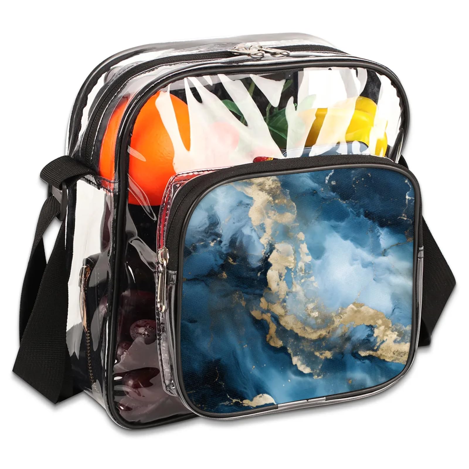 GzLeyigou Clear Crossbody Bag Stadium Approved Marbling Texture Design Transparent Bag for Festivals, Sports Events, Concerts,Beach Bag for Women Men Clear Purse with Front Pocket Messenger Bag