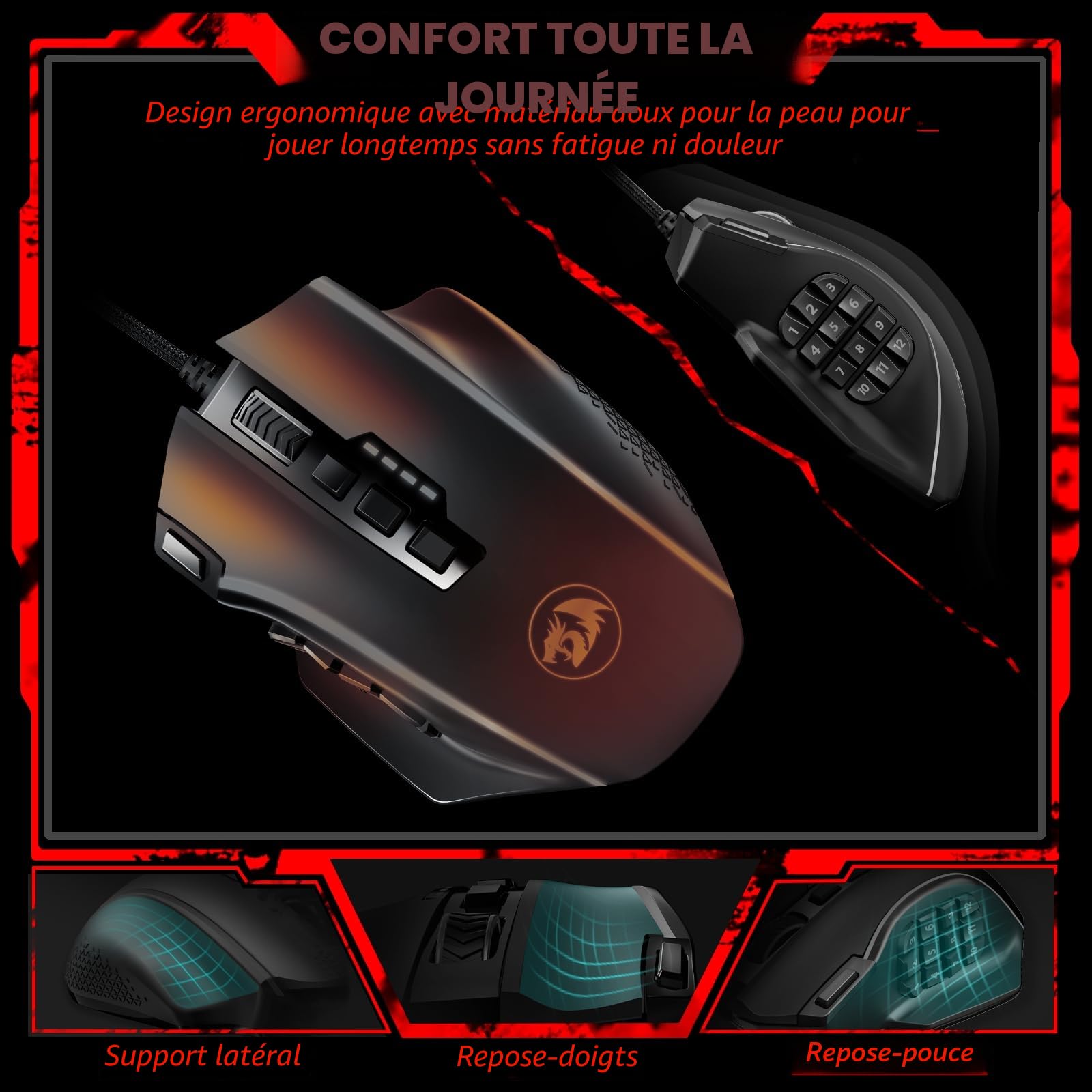 Redragon M901K Impact RVB Souris Gamer Filaire USB, MMO Souris avec 12 Boutons latéraux, 12,400 DPI, Haute précision, 19 Boutons programmables, Ergonomie, PC/Mac