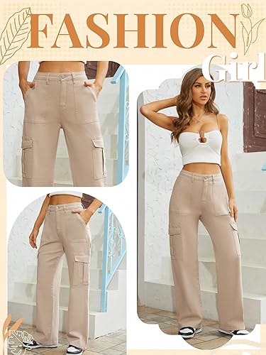 Miniatura 4 de QYANGG - Pantalones cargo de cintura alta elásticos para mujer, holgados, múltiples bolsillos, ajuste relajado, pierna recta y ancha, pantalones Y2K