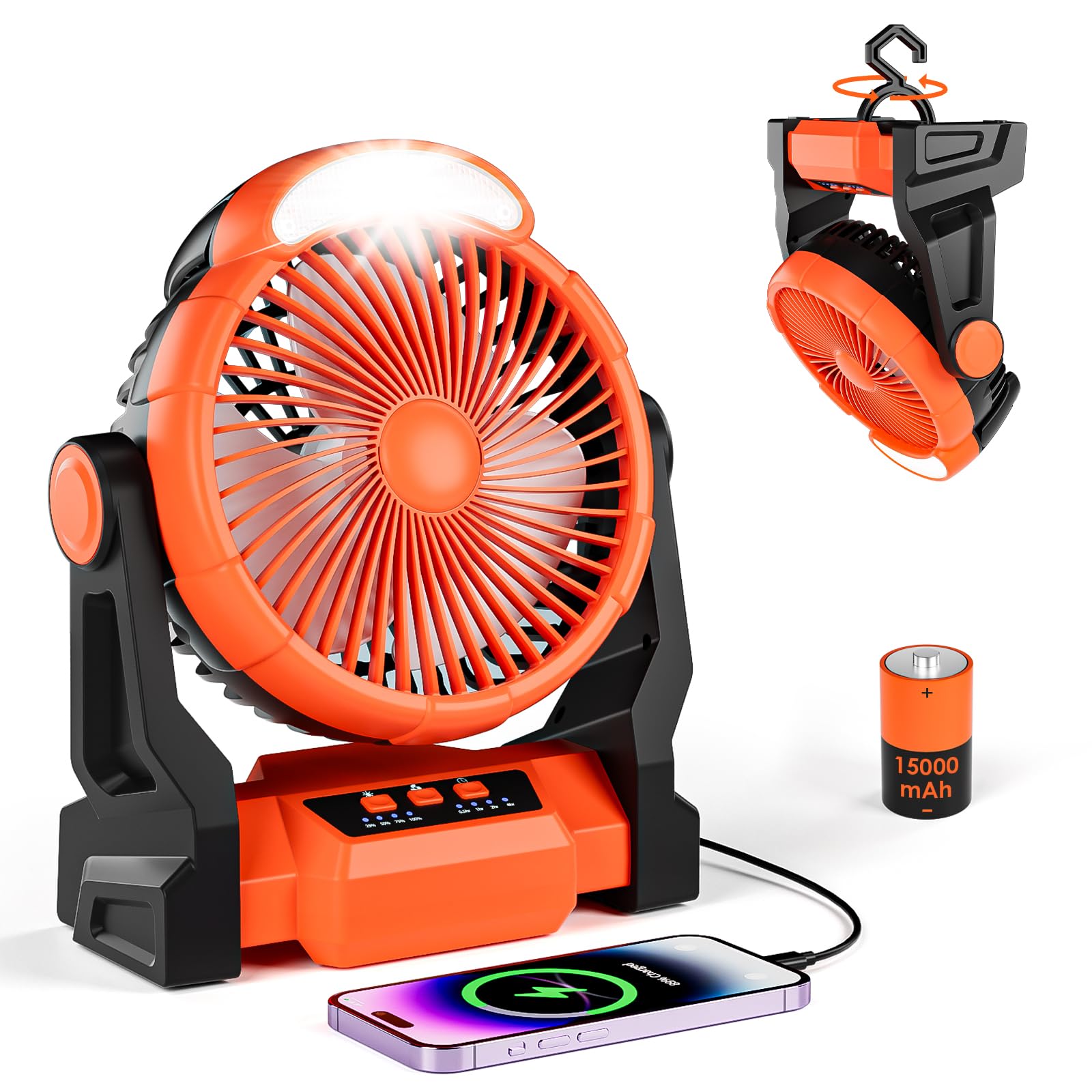 Ventilatore Portatile 5-in-1 Da Campeggio Con LED E Power Bank 12000 MAh - Ricaricabile USB, Timer E Gancio