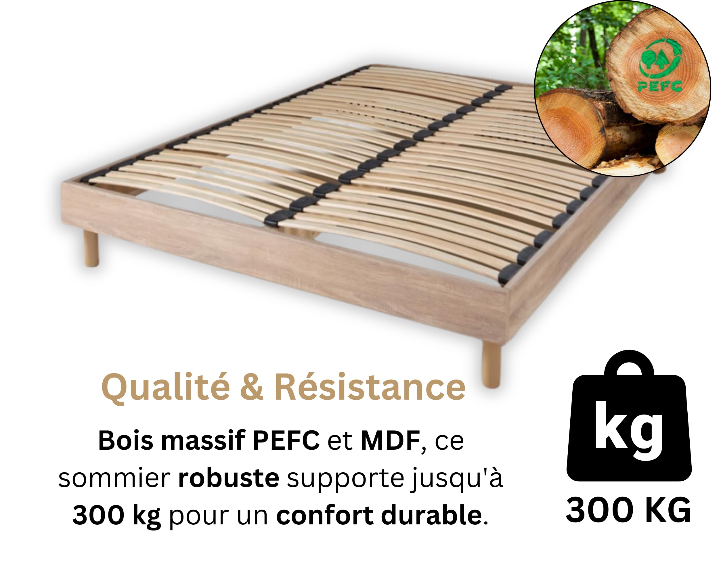 Maison Aubertin Sommier 160x200 cm Bois, à Latte, 2 Personnes, Technologie Bi-Lattes avec 4 Zones de Confort, Structure Bois Massif Solide avec Pieds Inclus, Lit Ergonomique, Montage Facile
