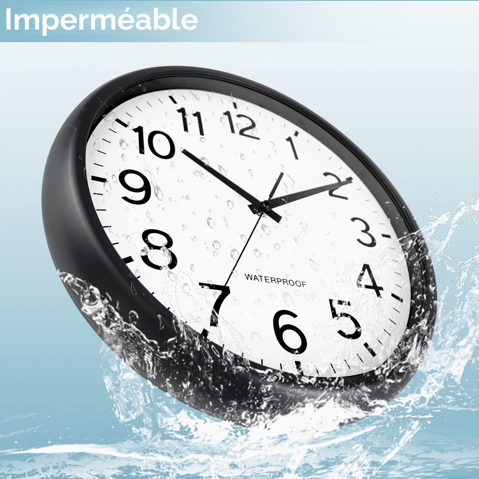Horloge d'extérieur de 40 cm - Étanche - Résistante aux intempéries - Grande horloge murale silencieuse - Fonctionnement à piles - Pour extérieur, piscine, balcon, salle de bain - Noir