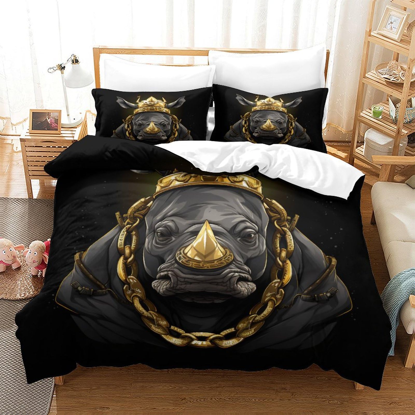 P1S9U7W5Y 3D Printed Chain Rhino Duvet Cover Set 3pcs Microfiber Black Gold Rhino Bedding Set King