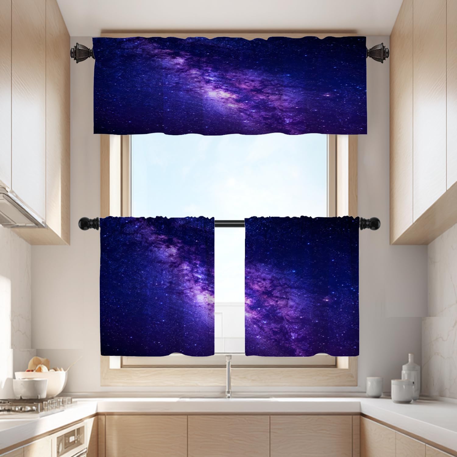 Batmerry Dark Purple Magical Universe Tier Curtains,Galaxy Window Treatment Short Kitchen Curtain Multilayer Polyester Blackout for Living Room/Bathroom, 2 Pack 26x24 inches