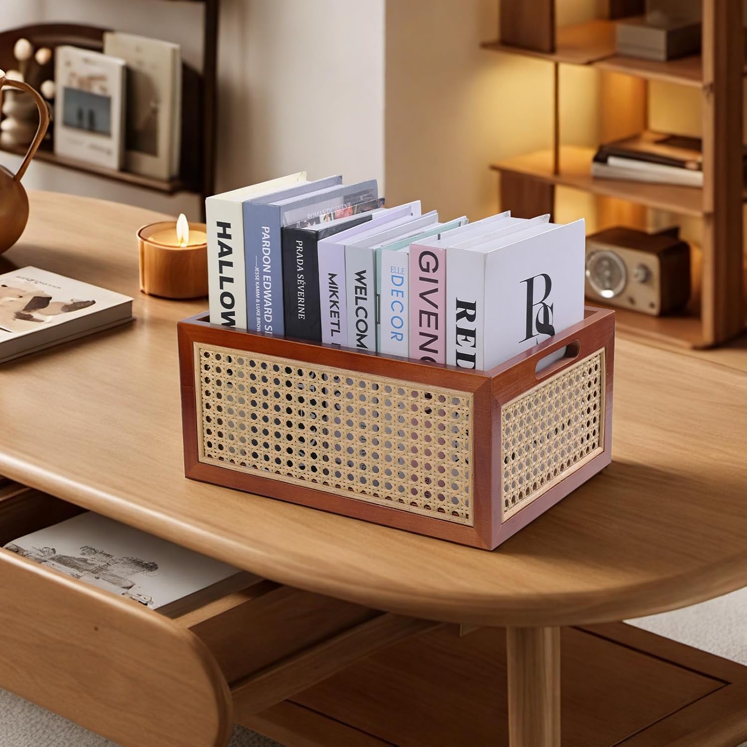 ANMINY Rattan Storage Basket Wooden Baskets with Handles Desktop Decorative Wicker Storage Basket Wood Nesting Crates Home Sundry Office Drawer Shelf Organizer - Brown