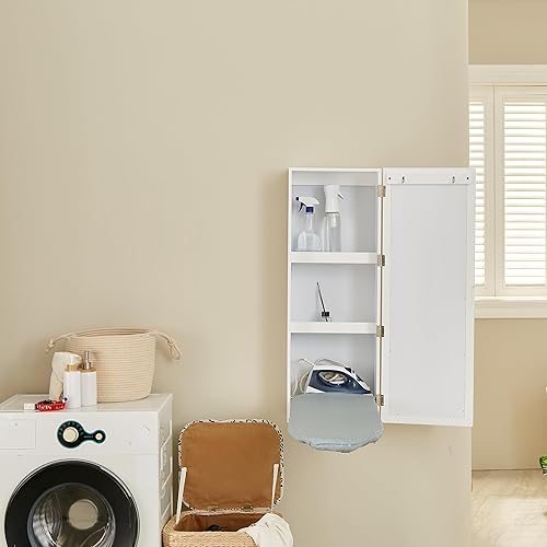 Miniatura 7 de Armario de tabla de planchar montado en la pared, armario plegable integrado con almacenamiento, puerta de espejo, color blanco