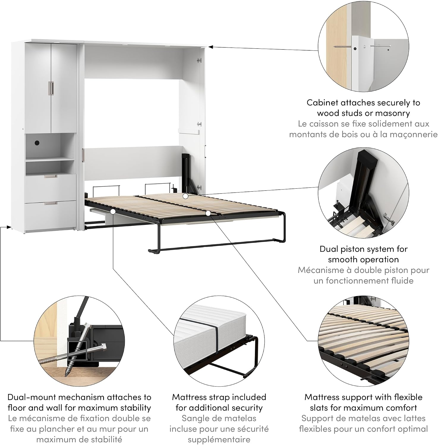 Bestar Lumina 84W Full Murphy Bed with Desk and Storage Cabinet in White, Sleeping Arrangement with Drawers