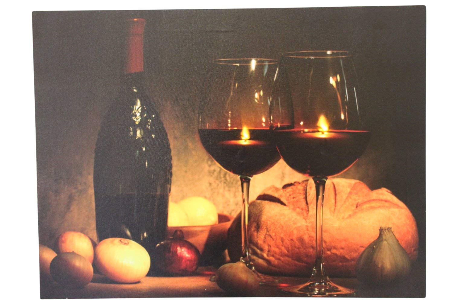 Garden Market Place Red And Green Wine Bottle And Wine Glass Candles Christmas Canvas Picture Print With Led Lights