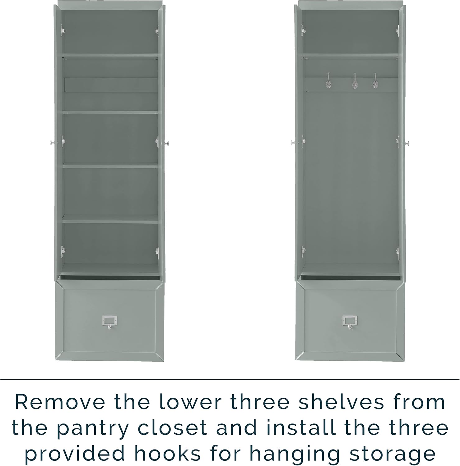 Crosley Furniture Harper 2-Piece Storage Cabinet Entryway Set with Storage Drawer and Hooks for Hanging, Gray