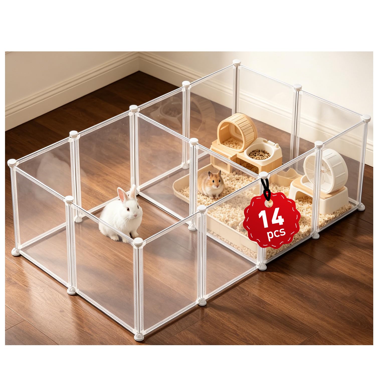 14 Pcs 16.5" H Small Animal Playpen, Indoor Puppy Playpen for Rabbits | Clear transparent DIY playpen panels, 16.5" tall anti-jump height to keep rabbits, kittens, chicks and hamsters inside-image-39