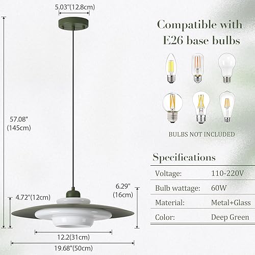 Miniatura 4 de TeHenoo Lámparas colgantes de mediados de siglo, pantalla verde oscuro, cristal blanco leche, iluminación colgante grande moderna ajustable para