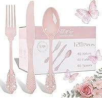 Vista 14 de WDF 120 cubiertos de plástico dorado – Juego de cubiertos desechables de plástico dorado resistente – 40 tenedores, 40 cucharas, 40 cuchillos