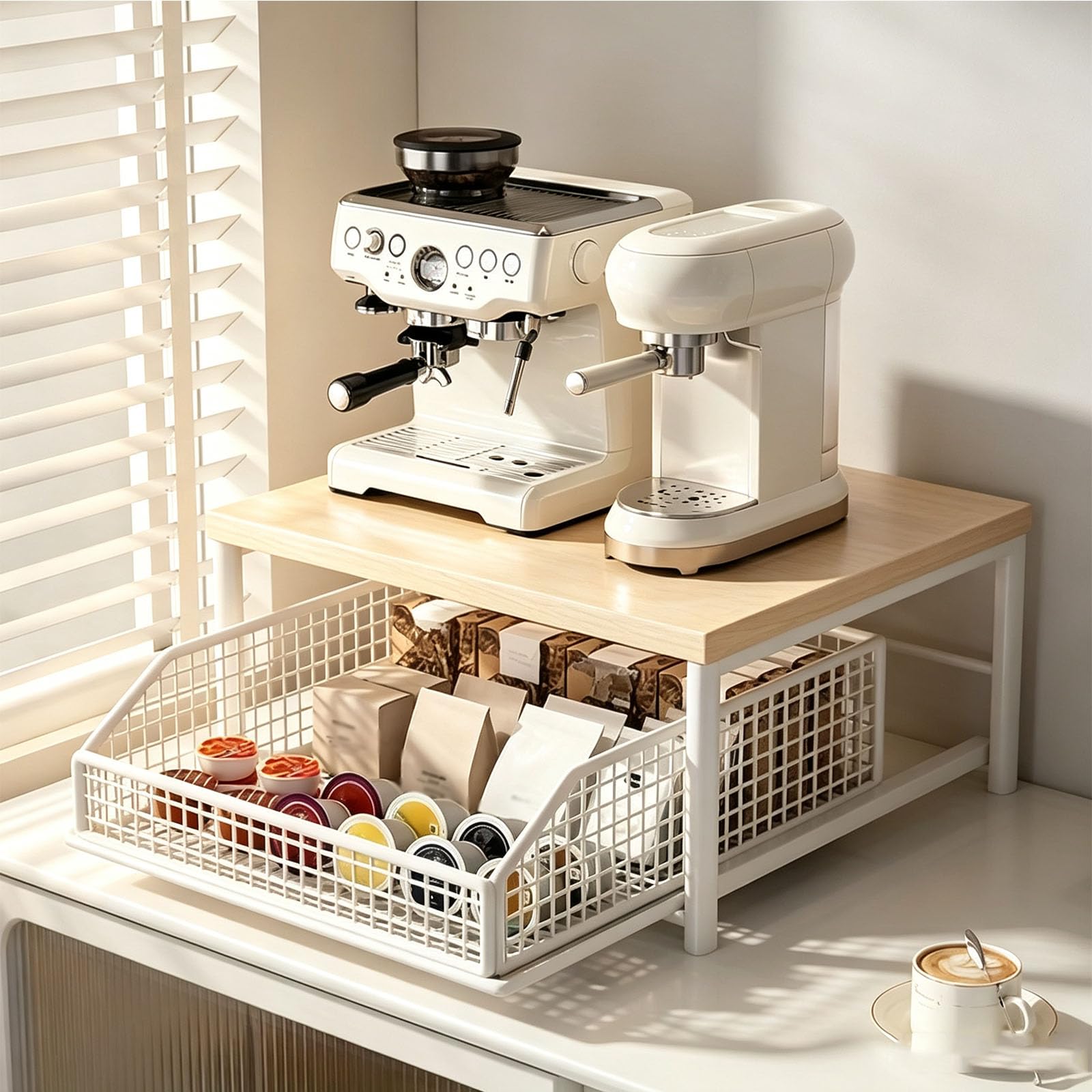 Organisateur De Comptoir De Cuisine Avec Tiroir Et Panier, Étagère De Rangement À Épices En Bois À 2 Niveaux Pour Coin Café, Condiments, Garde-manger, Salle De Bain, Bureau Et Comptoir, Noir