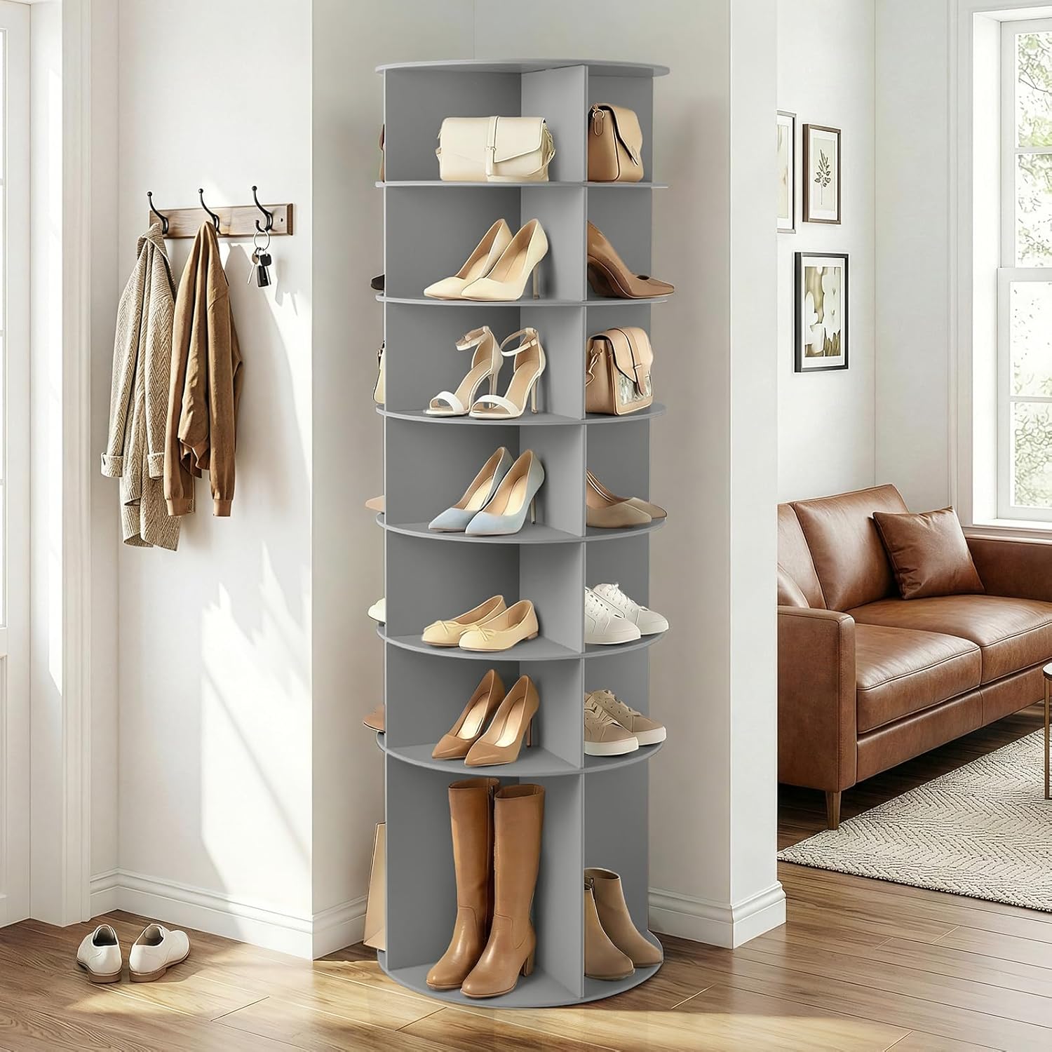 VINGLI Grey Rotating Shoe Rack Tower, 7 Tier 360° Lazy Susan Shoe Storage for Closet, 73" Tall Vertical Carousel Organizer for Heels, Bags & Decor, Neutral Minimalist Corner Shelf (No Tool Assembly)
