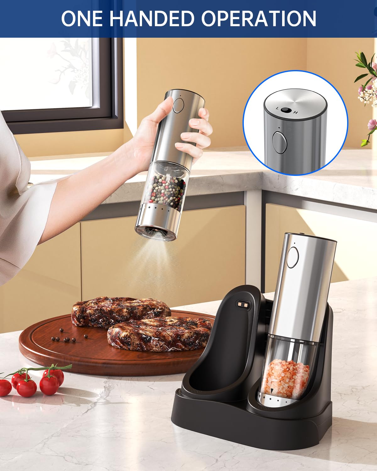 CIRCLE JOY Juego de Molinillos de Sal y Pimienta Recargables con Base de Carga, 2 Velocidades de Molienda Variables, Ajuste Externo, Capacidad de 95ml y Luz LED Blanca, Plata