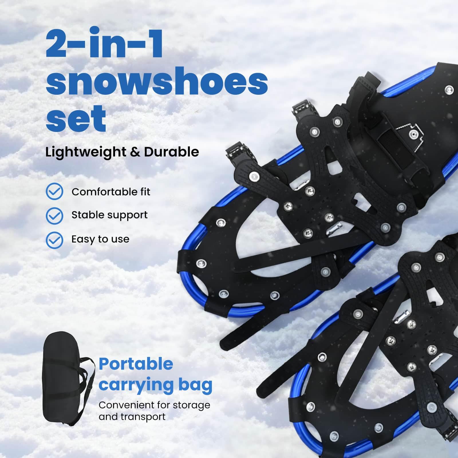 vidaXL Ciaspole 3 in 1 Blu e Nero 53,5 x 21 cm Alluminio e HDPE, Ciaspole in alluminio per il giardino, attrezzatura outdoor regolabile, accessori moderni per camminare sulla neve