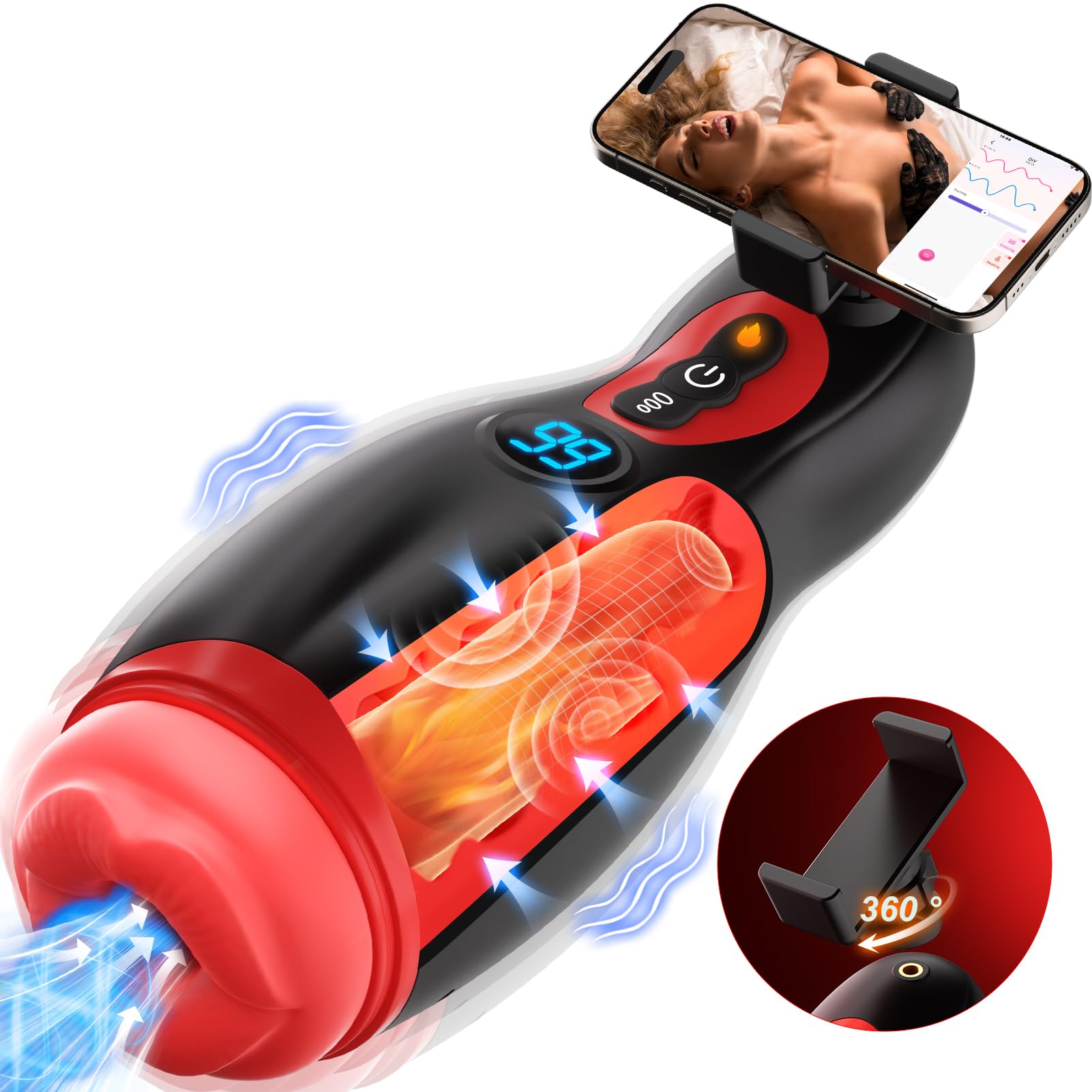Giocattoli erotici per uomini: masturbatore sexy con supporto per cellulare, masturbatore riscaldabile con funzione di vibrazione, giocattolo erotico con 9 modalità di suzione e vibrazione