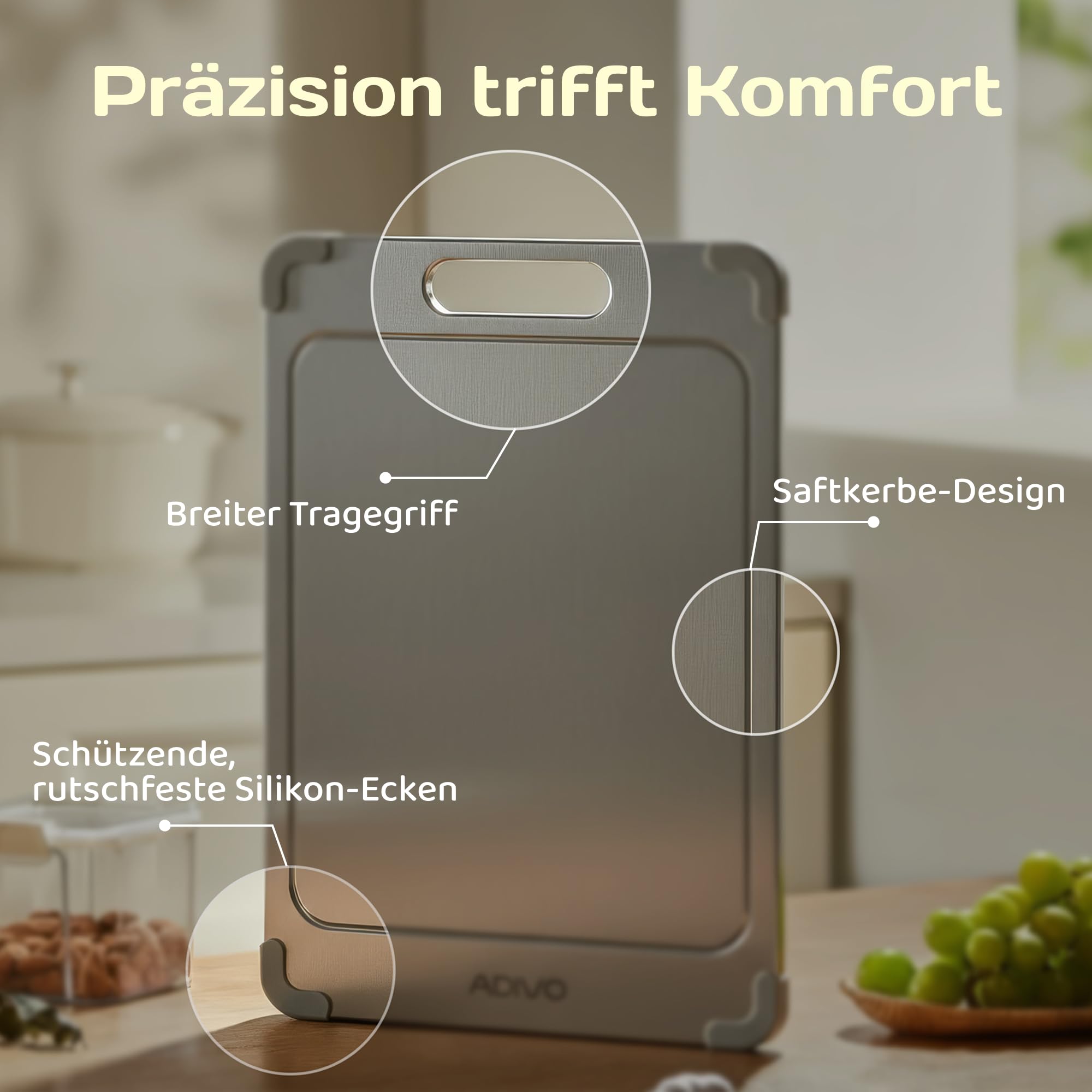 adivo 100% Reines Titan-Schneidebrett, beidseitig nutzbar, ultradünn & leicht, antibakteriell, einfach zu reinigen, rostfrei, 39×28×0,15 cm, Silikonecken, ideal für Camping & Outdoor