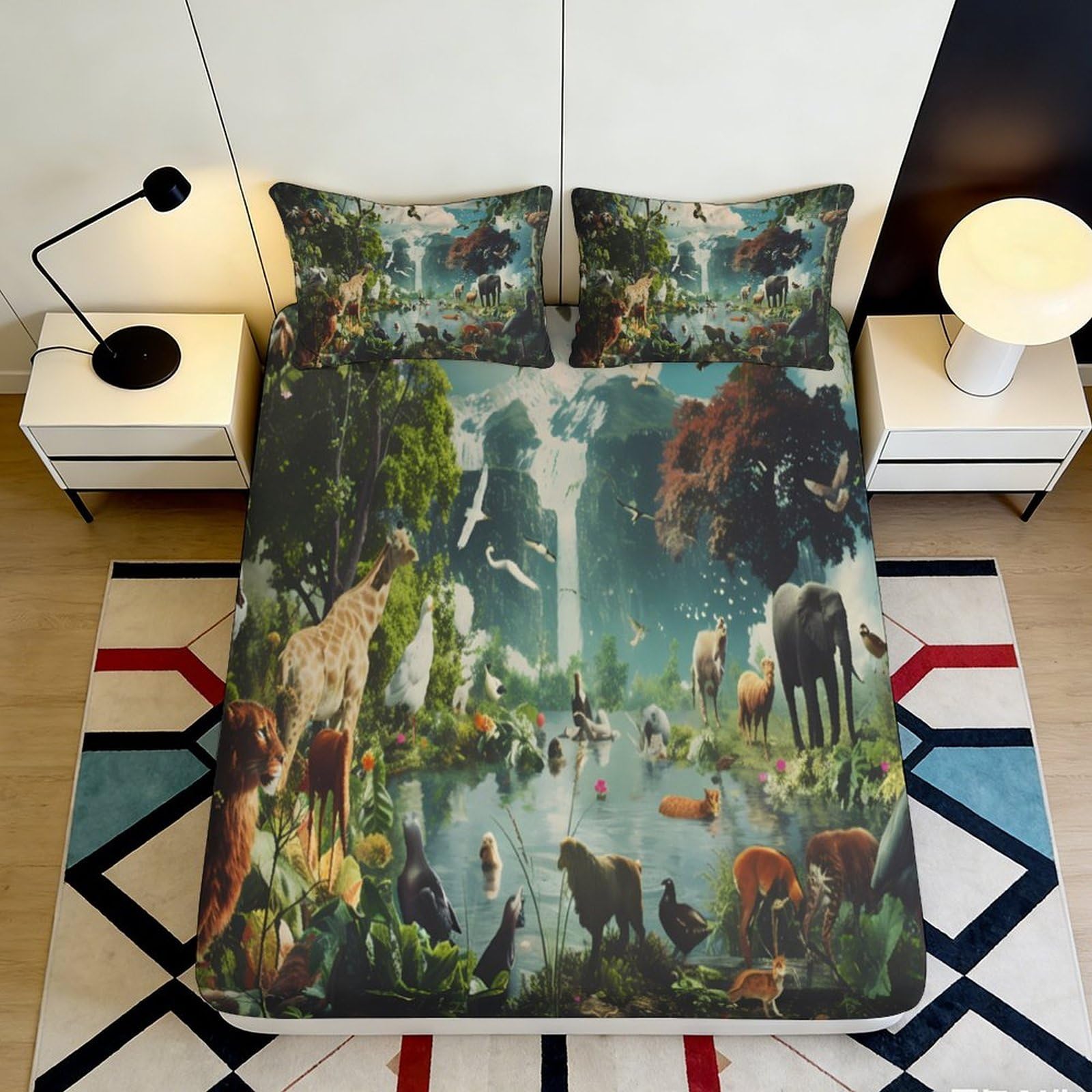 Pnayamiorkfel Style-6 3D Printed Wildlife Paradise Fitted Sheet Microfiber Soft Animal Forest Waterfall Bed Cover For Bedroom Dorm Decor 90X200x25cm