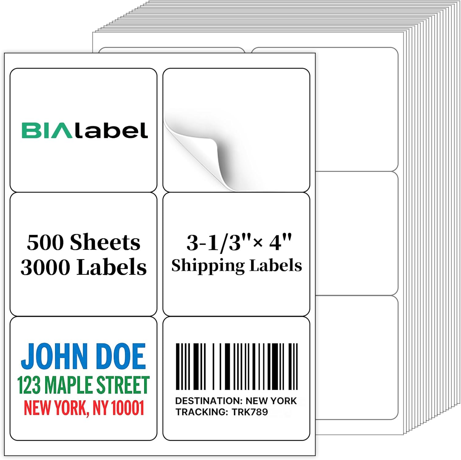 3000 Labels 6-Up 3-1/3" x 4'' Shipping Address Barcode Labels for Laser & Inkjet Printers, 500 Sheets, White, Permanent Adhesive, BIAlabel