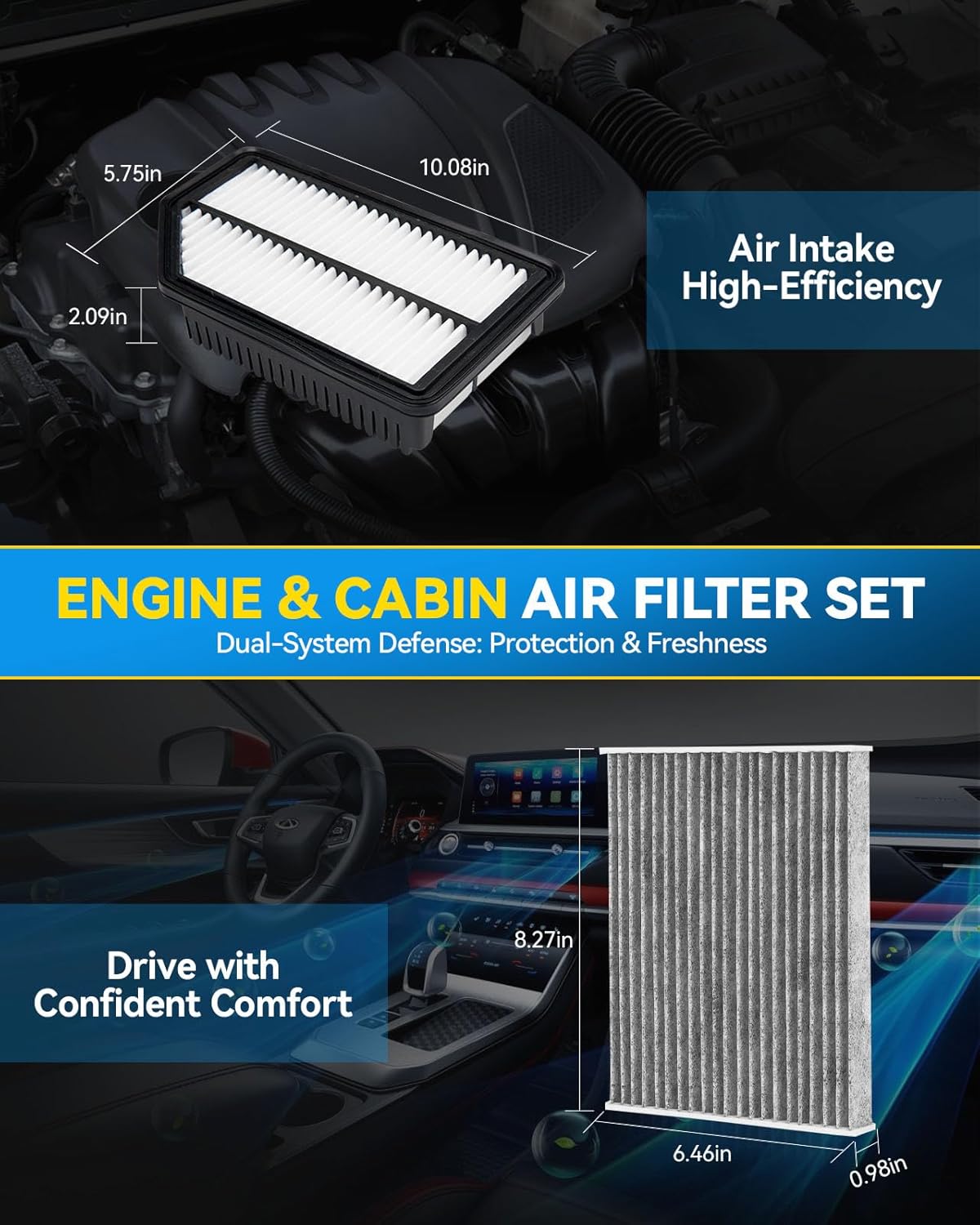 PHILTOP Engine & Cabin Air Filter Set, Compatible With Kia Soul 2014-2019, Replace CA11206 CF12002 Car Accessories