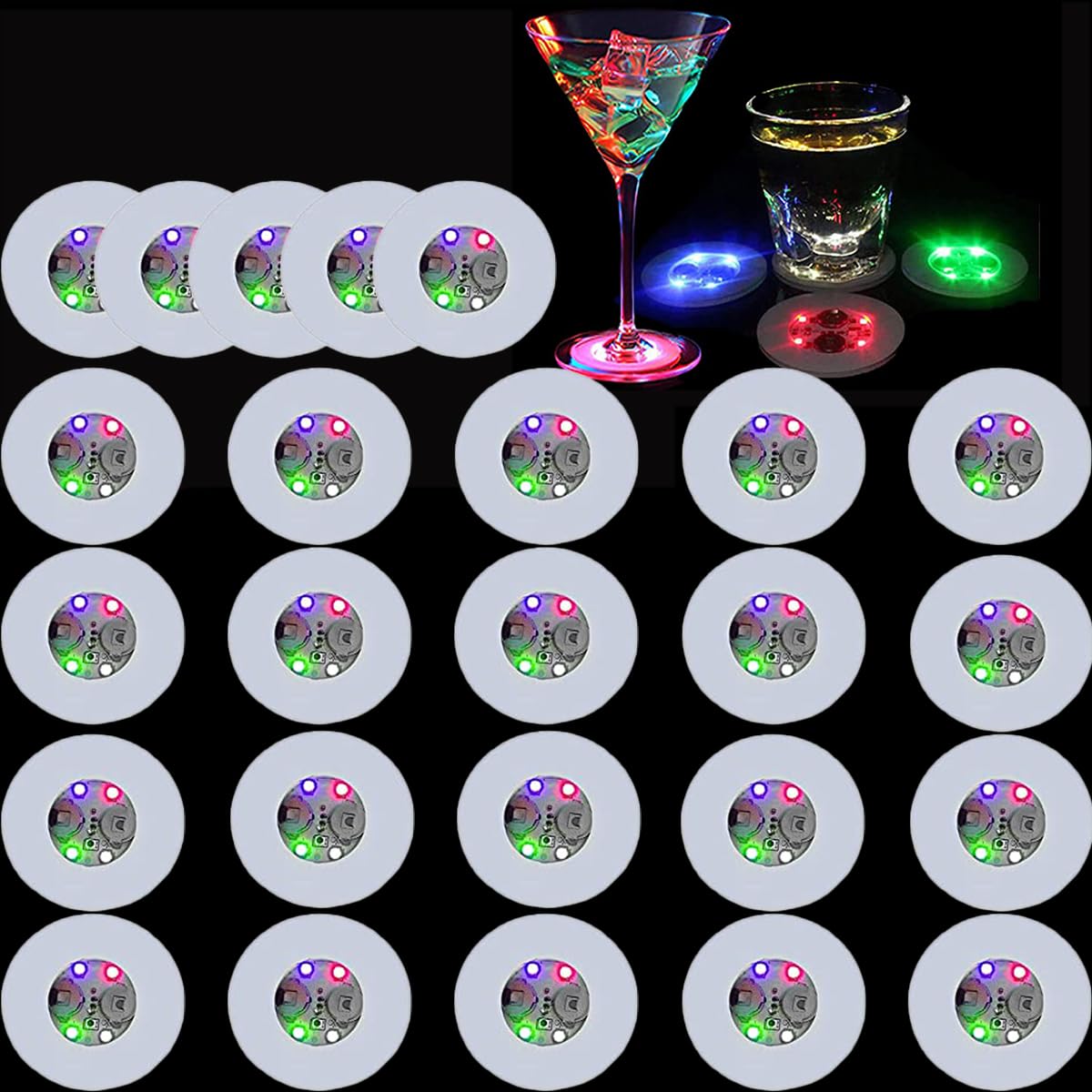Verve Jelly 25 Pack LED Coasters, Light Up Cup Mats Colorful Liquor Bottle Light Stickers, Led Bar Coaster Drinks Coasters for Coffee Tea Beer Mug Wine Glass Bottle