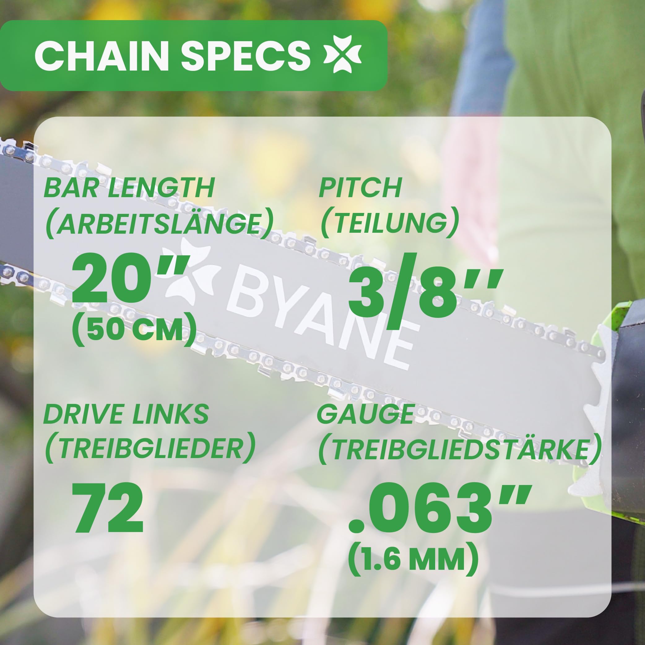 BYANE Cadena de sierra de carburo de tungsteno de 50 cm 3/8" 1,6 mm 72 TG (1 cadena) | Con Stihl 36210000072, MS 260, MS 270, MS 290, MS 291, MS 291 C-BEQ, MS 310, MS 311, MS 341, MS 360, etc