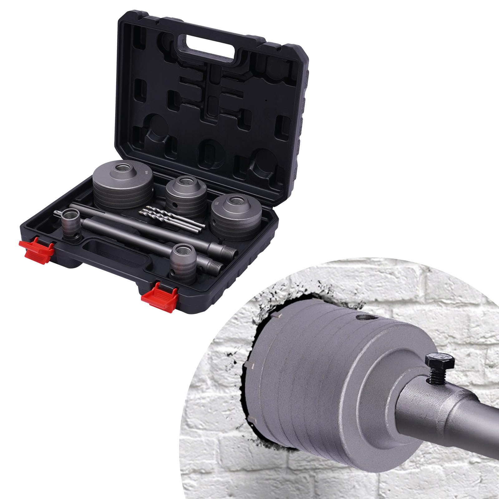 Set di seghe a tazza per calcestruzzo, Ø 30/40/68/80/100 mm, con attacco SDS Plus da 300 mm, codolo SDS-Max da 300 mm e 2 punte di centraggio per pareti in mattoni, pareti in schiuma e pareti in