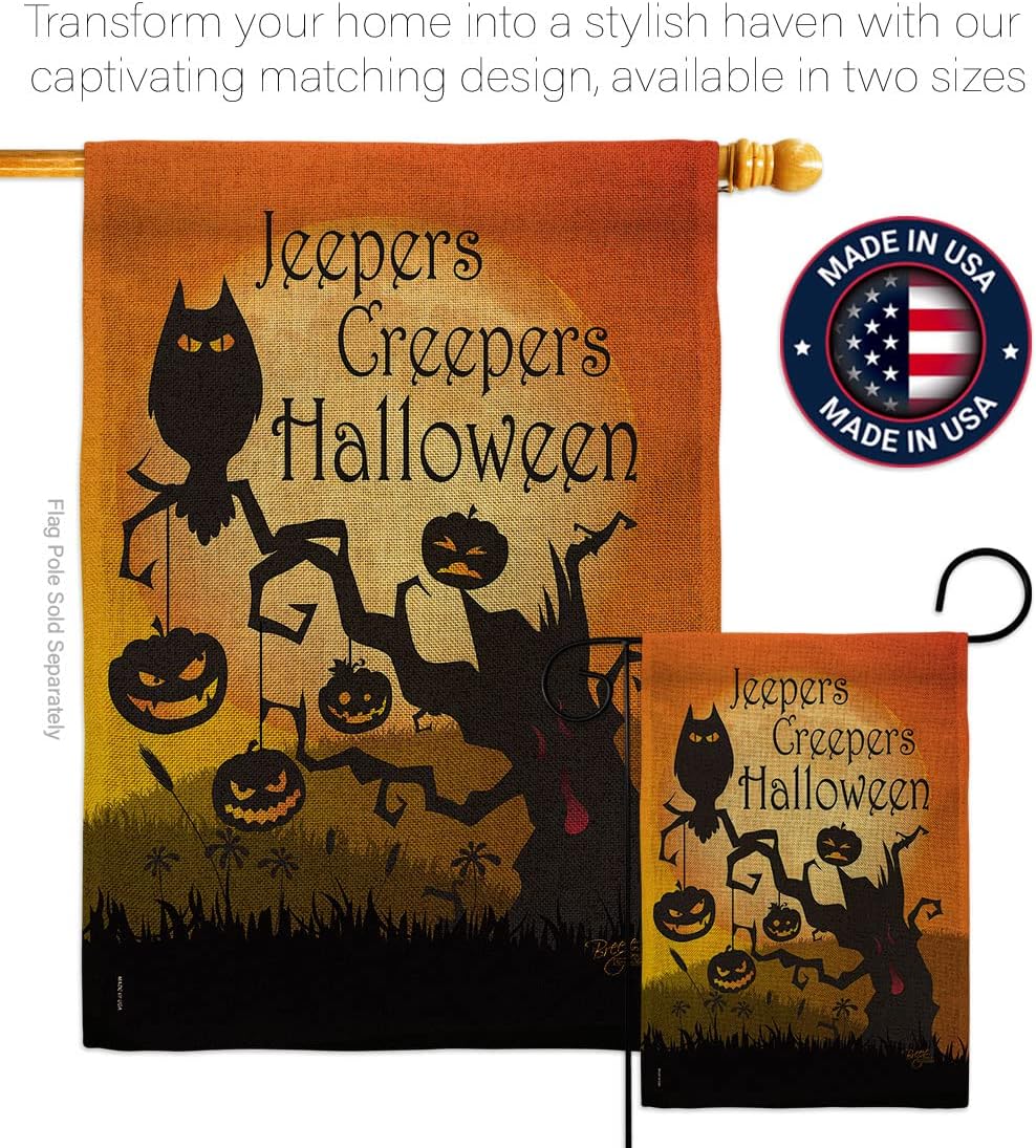 Jeepers Creepers Garden Flag - Fall Halloween Witch Trick or Treat Spooky Night Black Cat Season Autumntime Pumpkin - House Decoration Banner Small Yard Gift Double-Sided Made in USA 13 X 18.5